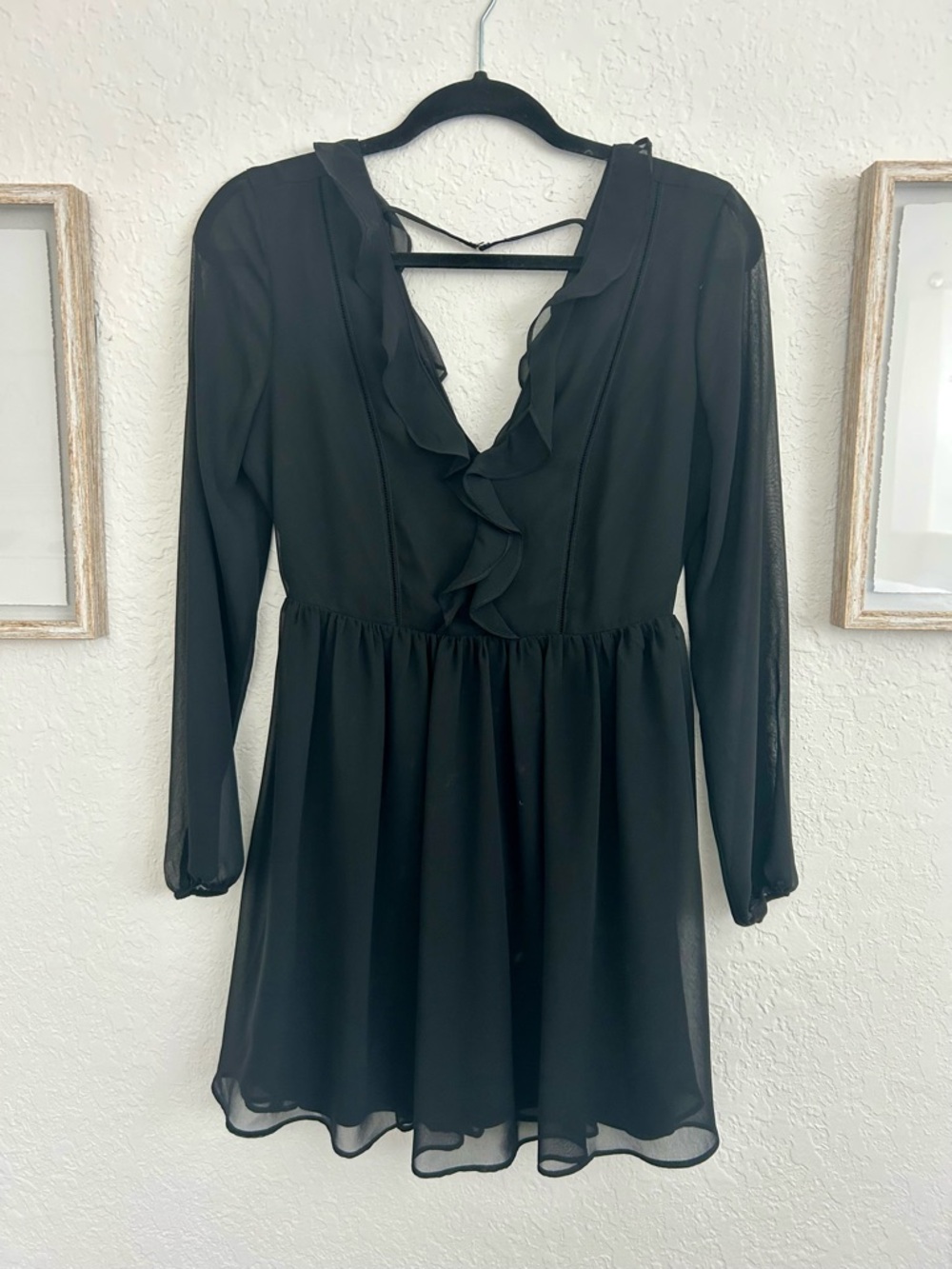 Express Black Ruffle V-Neck Long Sleeve Dress